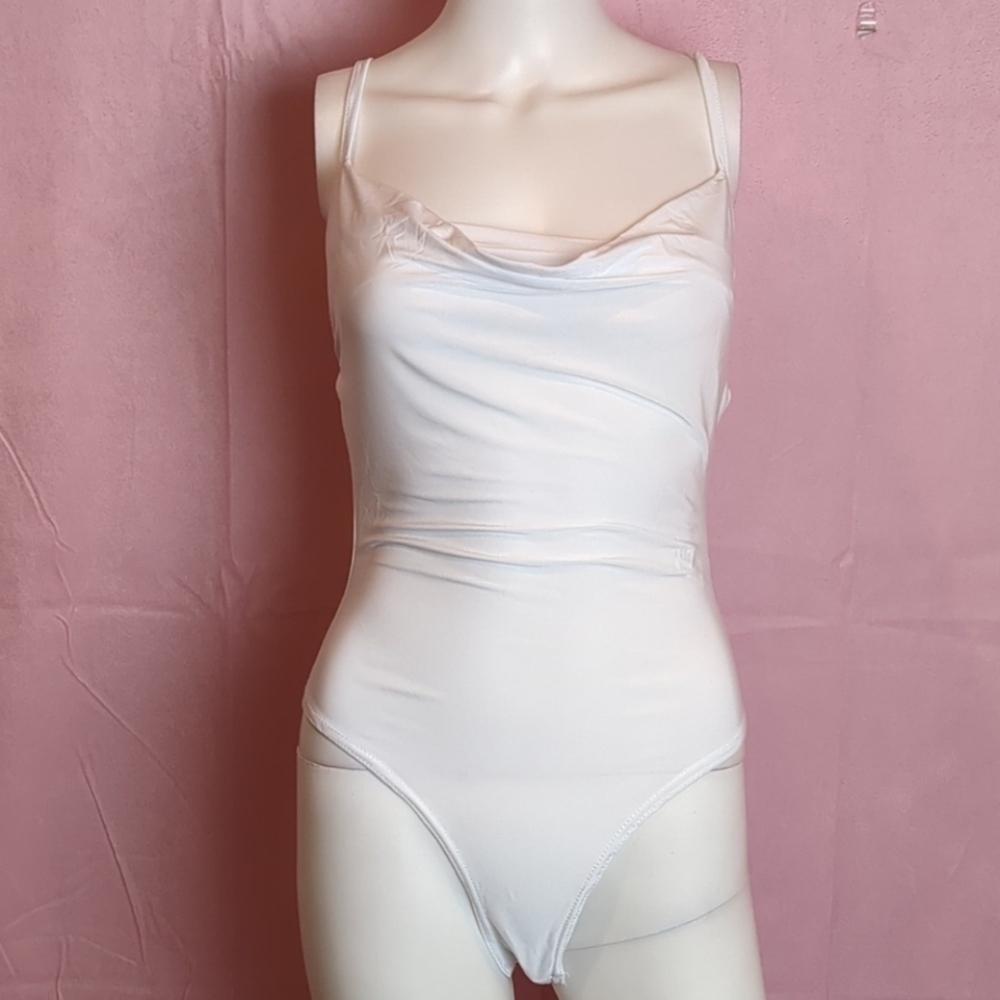 Nasty Gal Cross Back Cowl Neck Slinky Bodysuit in White size 4